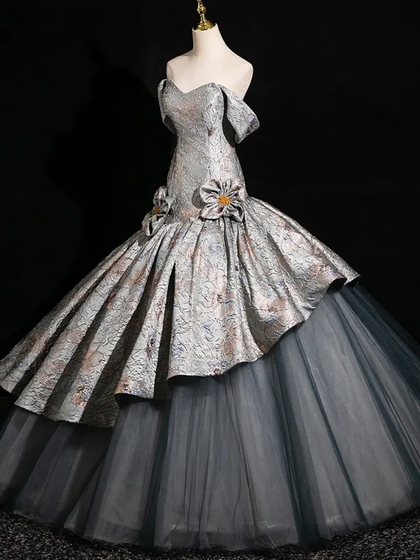 Vintage / Retro Grey Printing Prom Dresses 2024 Ball Gown Strapless Sleeveless Backless Floor-Length / Long Prom Formal Dresses