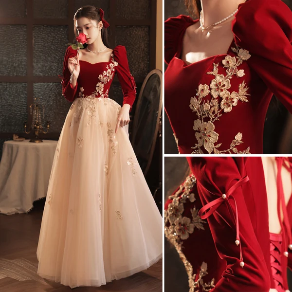 Elegant Burgundy Rhinestone Lace Flower Prom Dresses 2023 A-Line / Princess Square Neckline Long Sleeve Backless Floor-Length / Long Prom Formal Dresses