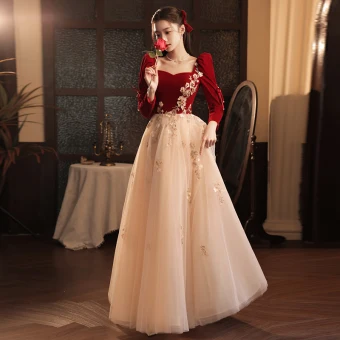 Élégant Bordeaux Faux Diamant En Dentelle Fleur Robe De Bal 2023 Princesse Encolure Carrée Manches Longues Dos Nu Longue Promo Robe De Ceremonie