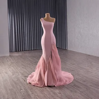 Haut De Gamme Rougissant Rose Robe De Bal 2025 Trompette Sirène Une Épaule Sans Manches Dos Nu Train De Balayage Robe De Ceremonie