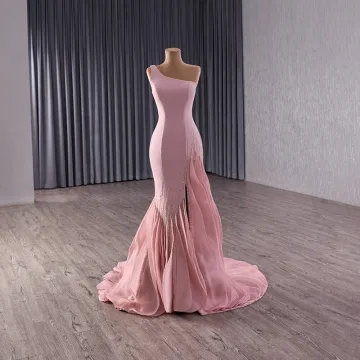 High End Blushing Pink Prom Dresses 2025 Trumpet Mermaid One Shoulder Sleeveless Backless Sweep Train Formal Dresses
