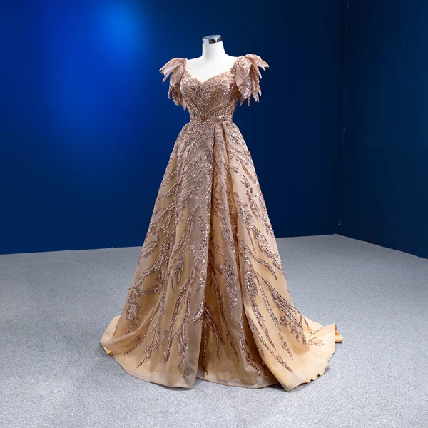 Luxe Scintillantes Doré Fait main Perlage Paillettes Robe De Bal 2022 Princesse Encolure Carrée Manches Courtes Dos Nu Train De Balayage Promo Robe De Ceremonie