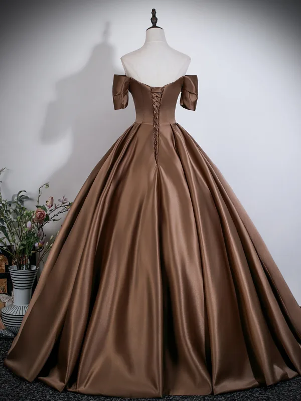 Vintage Brun Satin Balklänningar 2026 Balklänning Av Axeln Korta ärm Halterneck