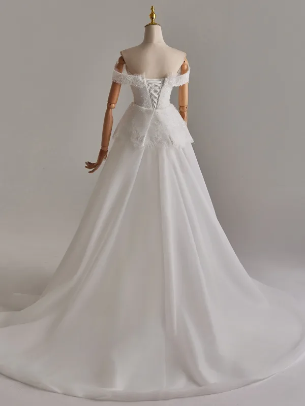 Elegant White Pearl Lace Flower Detachable Sweep Train Wedding Dresses 2025 Trumpet / Mermaid Off-The-Shoulder Sleeveless Backless