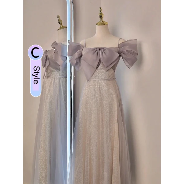 Simple Champagne Noeud Paillettes Robe Demoiselle D'honneur 2022 Princesse De l'épaule Manches Courtes Dos Nu Longue Robe Demoiselle D'honneur