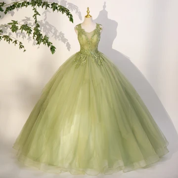 Elegant Sage Green Sequins Lace Flower Prom Dresses 2023 Ball Gown Scoop Neck Sleeveless Backless Floor Length Long Prom Formal Dresses