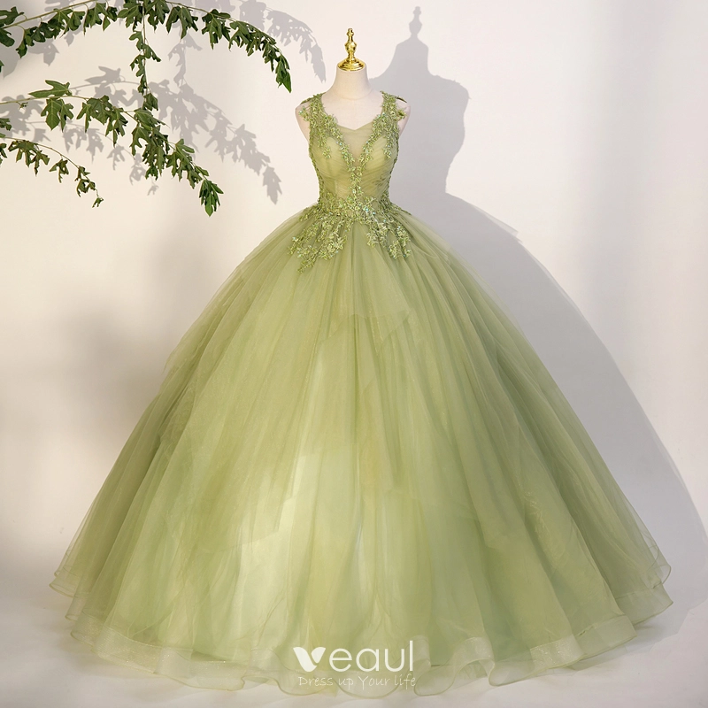 Elegant Sage Green Sequins Lace Flower Prom Dresses 2023 Ball Gown Scoop  Neck Sleeveless Backless Floor Length Long Prom Formal Dresses