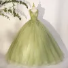 Elegant Sage Green Sequins Lace Flower Prom Dresses 2023 Ball Gown Scoop Neck Sleeveless Backless Floor-Length / Long Prom Formal Dresses