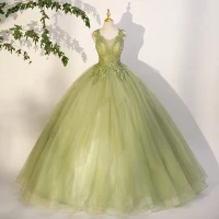 Elegante Salbeigrün Pailletten Spitze Blumen Ballkleider 2023 Ballkleid Rundhalsausschnitt Ärmellos Rückenfreies Lange Ball Festliche Kleider
