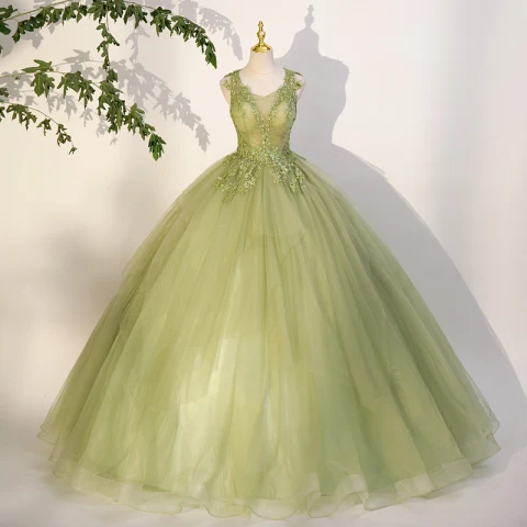 Elegante Salbeigrün Pailletten Spitze Blumen Ballkleider 2023 Ballkleid Rundhalsausschnitt Ärmellos Rückenfreies Lange Ball Festliche Kleider