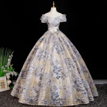 Élégant Gris Appliques Impression Robe De Bal 2025 Robe Boule De L Épaule Manches Courtes Dos Nu Longue Robe De Ceremonie