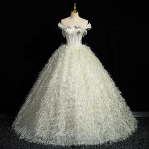 Charmant Ivoire Glitter Paillettes Gland Robe De Bal 2023 Robe Boule Bustier Noeud Sans Manches Dos Nu Longue Robe De Ceremonie