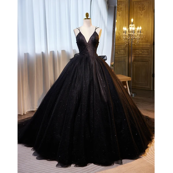Modern / Fashion Black Cascading Ruffles Sequins Prom Dresses 2023 Ball Gown Spaghetti Straps Sleeveless Backless Sweep Train Prom Formal Dresses