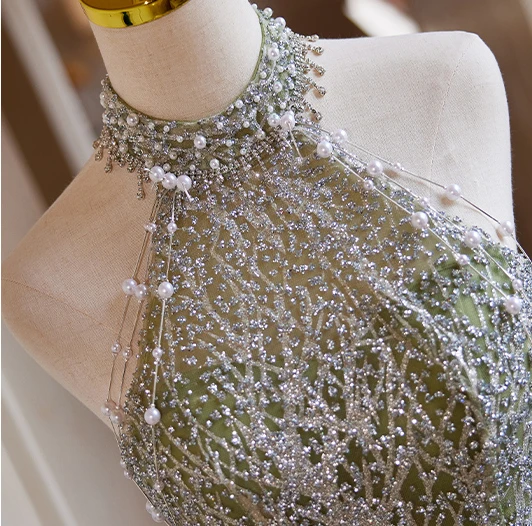 Sparkly Sage Green Beading Pearl Glitter Prom Dresses 2024 A-Line / Princess Halter Sleeveless Backless Floor-Length / Long Prom Formal Dresses
