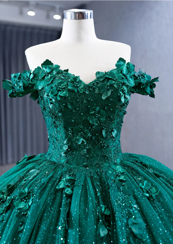 Luxury / Gorgeous Dark Green Handmade  Beading Sequins Appliques Prom Dresses 2023 Ball Gown Off-The-Shoulder Sleeveless Backless Court Train Prom Formal Dresses