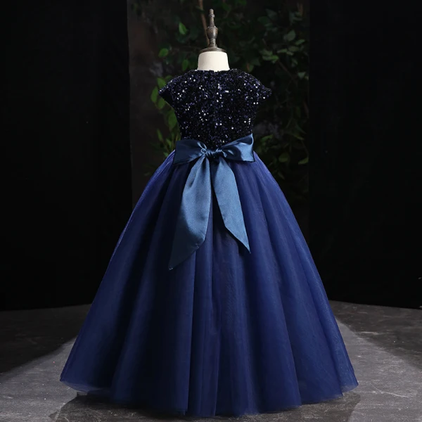 Vintage / Retro Chic / Beautiful Navy Blue Sequins Prom Flower Girl Dresses 2022 Ball Gown Scoop Neck Bow Sash Sleeveless Floor-Length / Long Flower Girl Dresses
