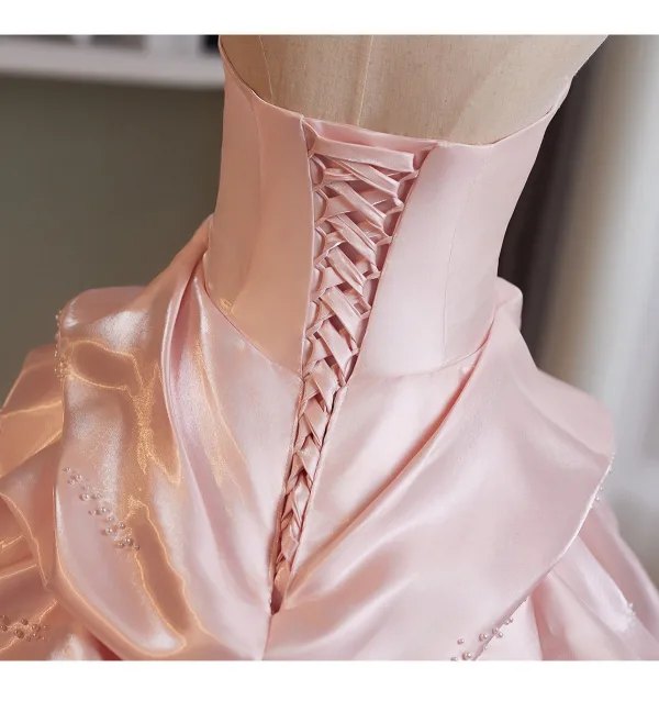 Elegant Candy Pink Pearl Cascading Ruffles Satin Prom Dresses 2026 Ball Gown Strapless Sleeveless Backless Sweep Train Formal Dresses