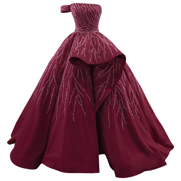 High End Burgunderrot Perlenstickerei Pailletten Ballkleider 2022 Ballkleid One-Shoulder Ärmellos Rückenfreies Sweep / Pinsel Zug Festliche Kleider