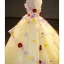 Elegant Yellow Rhinestone Appliques Cascading Ruffles Prom Dresses 2023 Ball Gown Strapless Sleeveless Backless Floor-Length / Long Prom Formal Dresses