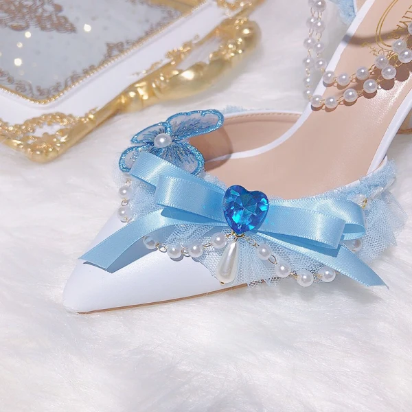 Charmant Himmelblau Perle Schleife Ball Sandalen Damen 2024 9 cm Stilettos Hochhackige Spitzschuh Sandaletten