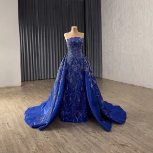Vintage High End Kongeblå Håndlaget Beading Paljetter Satin Ballkjoler 2025 Trompet Havfrue Strapless Uten Ermer Ryggløse Domstol Tog Ball Formelle Kjoler