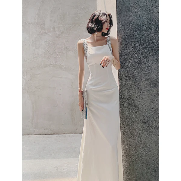 Charming Ivory Sequins Evening Dresses 2022 Trumpet / Mermaid Square Neckline Sleeveless Backless Floor-Length / Long Evening Party Formal Dresses