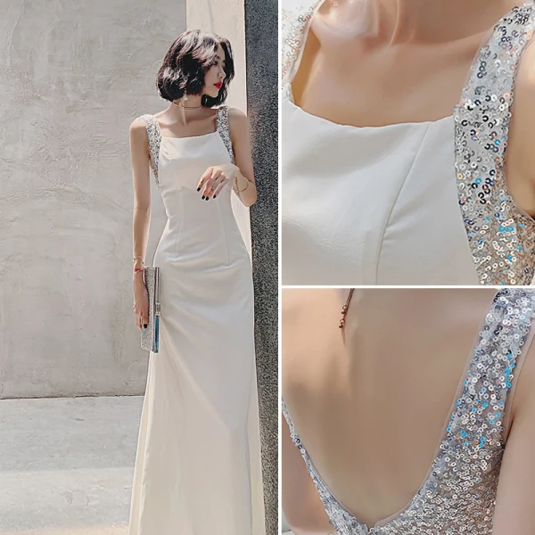 Charming Ivory Sequins Evening Dresses 2022 Trumpet / Mermaid Square Neckline Sleeveless Backless Floor-Length / Long Evening Party Formal Dresses