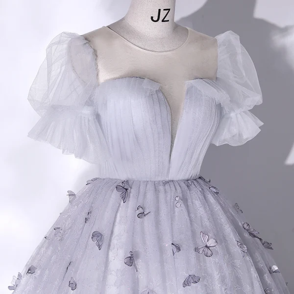 Elegant Grey Butterfly Prom Dresses 2022 Ball Gown Scoop Neck Puffy Short Sleeve Floor-Length / Long Prom Formal Dresses
