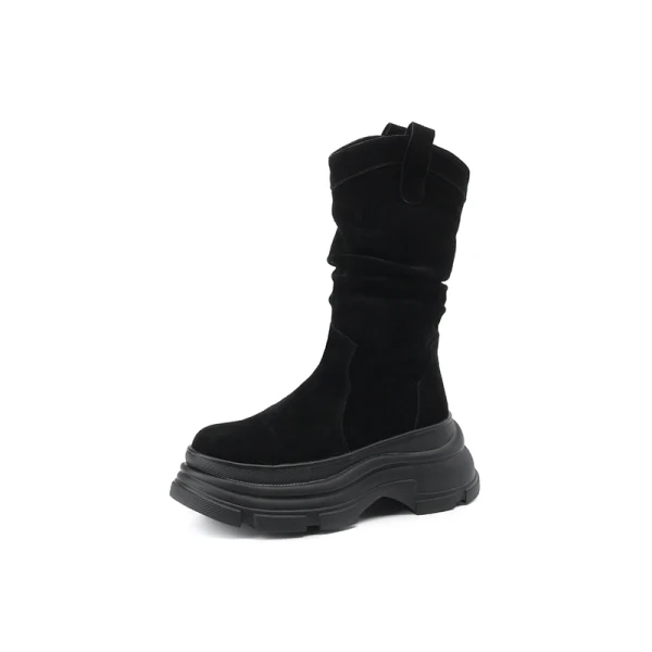 Vintage Brun Suede Gateklær Vinter Boots Dame 2024 Lær 8 cm Kilehæl Spisse Boots