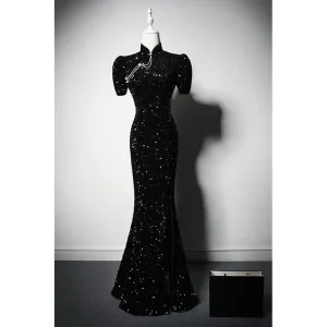 Vintage Svarta Beading Paljetter Afton Cheongsam 2023 Trumpet Sjöjungfru Hög Hals Korta Ärm Halterneck Långa