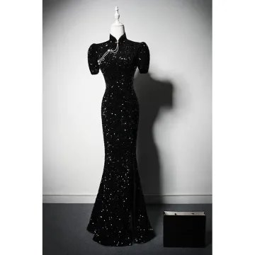 Vintage Retro Black Beading Sequins Evening Party Cheongsam 2023 Trumpet Mermaid High Neck Short Sleeve Backless Floor Length Long