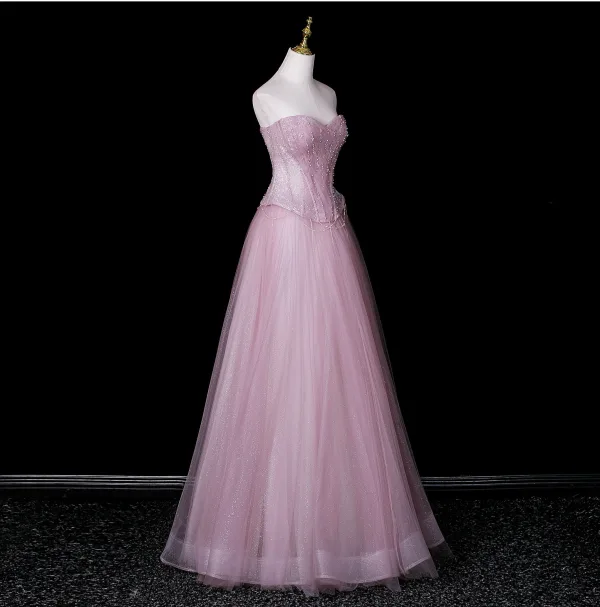 Lovely Blushing Pink Pearl Sequins Prom Dresses 2026 A-Line / Princess Strapless Sleeveless Backless Floor-Length / Long Formal Dresses