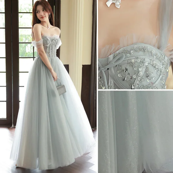 Charming Silver Grey Evening Dresses 2023 A-Line / Princess Off-The-Shoulder Beading Sleeveless Backless Floor-Length / Long Evening Party Formal Dresses