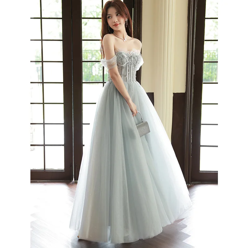 chinese dress ladies Silver Beaded Embellished One Shoulder A Line Gown main image 0