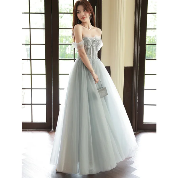 Charming Silver Grey Evening Dresses 2023 A-Line / Princess Off-The-Shoulder  Beading Sleeveless Backless Floor-Length / Long Evening Party Formal Dresses