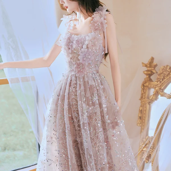 Flower Fairy Blushing Pink Beading Sequins Appliques Prom Dresses 2024 A-Line / Princess Square Neckline Sleeveless Backless Floor-Length / Long Prom Formal Dresses