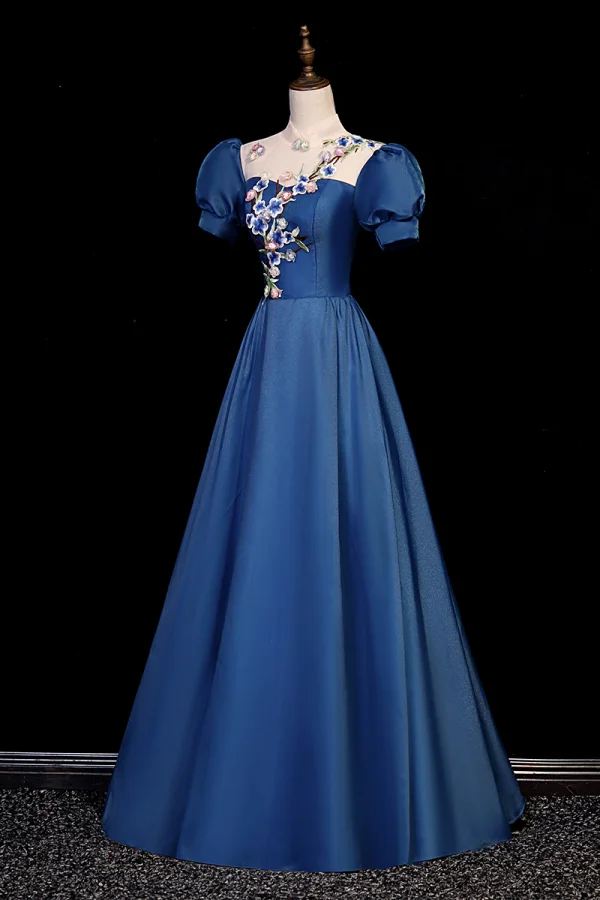 Vintage / Retro Navy Blue Satin Prom Dresses 2023 A-Line / Princess High Neck Lace Flower Appliques Short Sleeve Backless Floor-Length / Long Formal Dresses