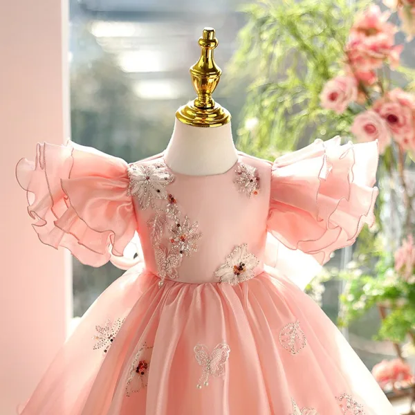 Chic / Beautiful Blushing Pink Beading Sequins Bow Birthday Flower Girl Dresses 2025 Ball Gown Scoop Neck Sleeveless Floor-Length / Long Tulle Flower Girl Dresses