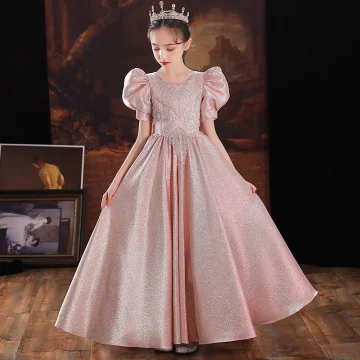 Charmant Rougissant Rose Satin Anniversaire Robe Ceremonie Fille 2022 Princesse Encolure Dégagée Manches Courtes Perlage Paillettes Noeud Longue