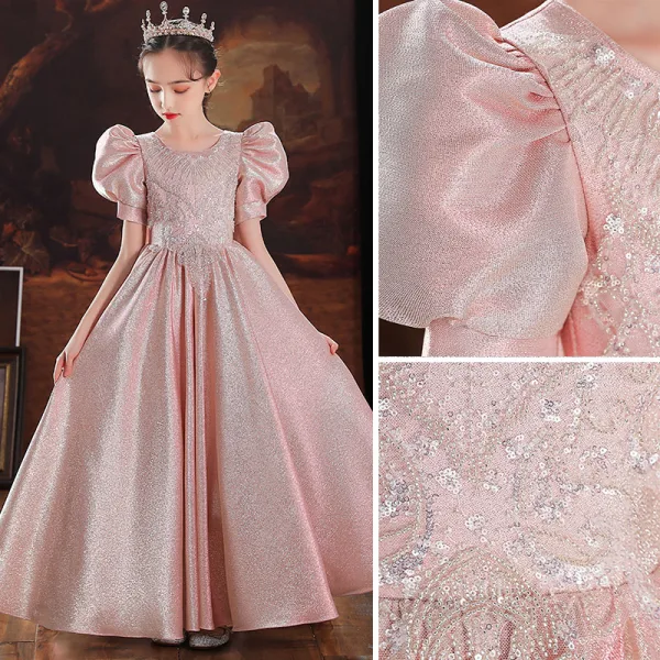 Lovely Blushing Pink Satin Birthday Flower Girl Dresses 2022 A-Line / Princess Scoop Neck Short Sleeve Beading Sequins Bow Floor-Length / Long