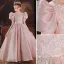 Lovely Blushing Pink Satin Birthday Flower Girl Dresses 2022 A-Line / Princess Scoop Neck Short Sleeve Beading Sequins Bow Floor-Length / Long