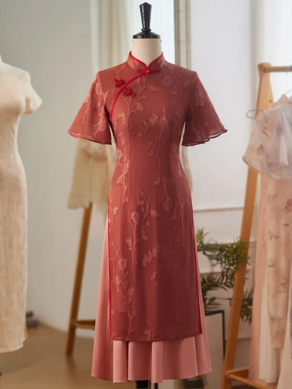 Chiński Styl Vintage Czerwone Długość Herbaty Cheongsam 2024 Syrena / Rozkloszowane Wysokiej Szyi Kótkie Rękawy