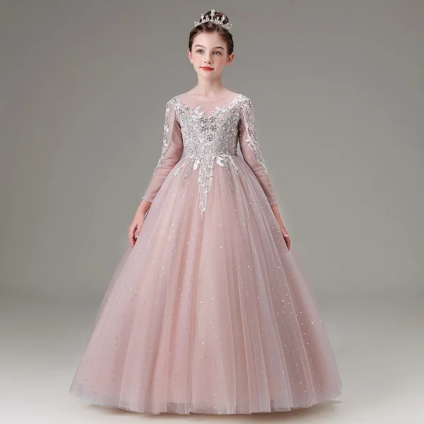 Elegant Blushing Pink Beading Rhinestone Lace Flower Birthday Flower Girl Dresses 2025 Ball Gown Scoop Neck Long Sleeve Floor-Length / Long