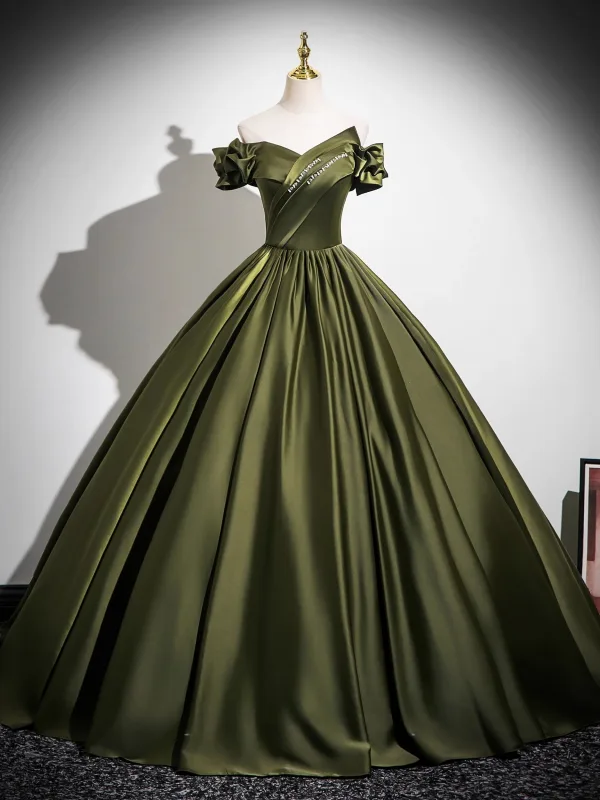 Vintage / Retro Dark Green Satin Prom Dresses 2025 Ball Gown Off-The-Shoulder Short Sleeve Backless Floor-Length / Long Formal Dresses