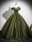 Vintage / Retro Dark Green Satin Prom Dresses 2025 Ball Gown Off-The-Shoulder Short Sleeve Backless Floor-Length / Long Formal Dresses