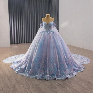High End Sky Blue Lace Butterfly Beading Sequins Appliques Prom Dresses 2025 Ball Gown Off The Shoulder Short Sleeve Backless Royal Train Tulle Formal Dresses
