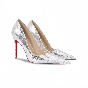 Glittrande Silver Paljetter Röd Sula Afton Pumps 2026 Läder 12 Cm Stilettklackar Spetsiga Pumps Högklackade