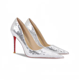 Sparkly Silver Sequins Red Sole Evening Party Pumps 2026 Leather 12 Cm Stiletto Heels Pointed Toe Pumps High Heels