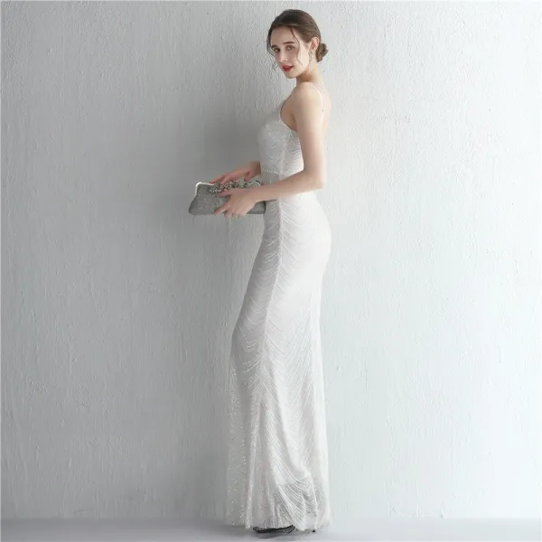Sexy Burgundy Sequins Evening Dresses 2024 Trumpet / Mermaid Spaghetti Straps Sleeveless Backless Floor-Length / Long Evening Party Formal Dresses