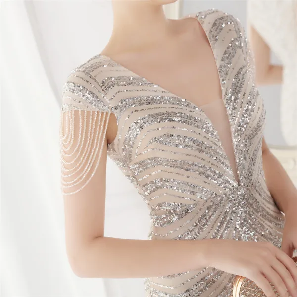 Sexy Black Beading Sequins Evening Dresses 2022 Trumpet / Mermaid V-Neck Sleeveless Floor-Length / Long Evening Party Formal Dresses